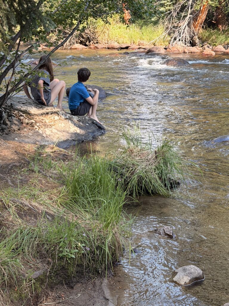 Two children watching a creek